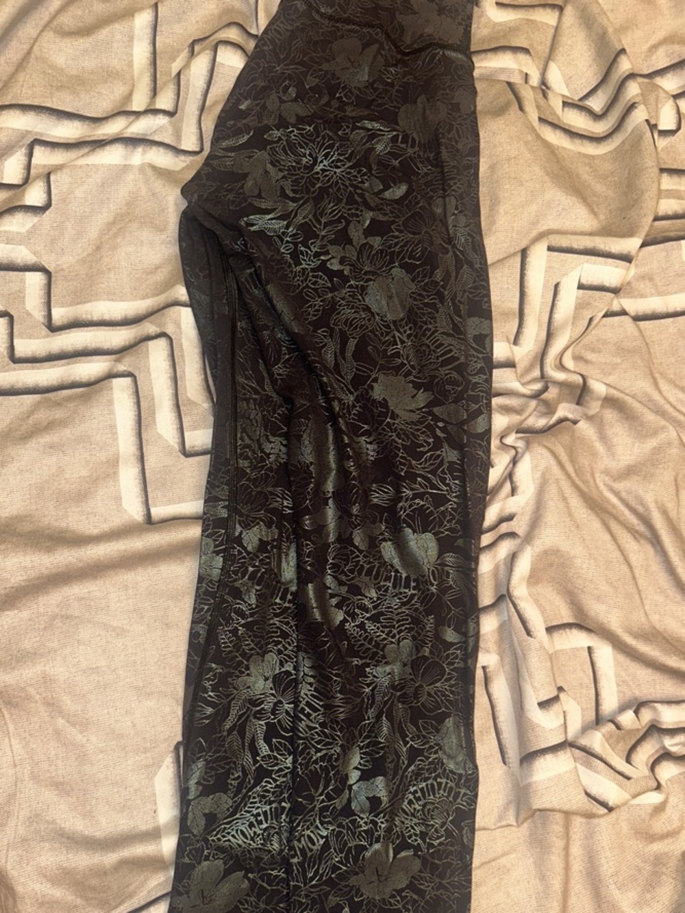 lululemon athletica Black Floral Workout Leggings with Metallic Teal Accents
